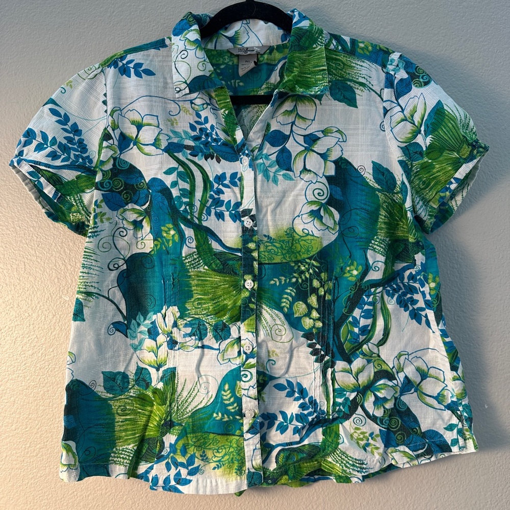 IB Diffusion 100% Cotton Floral Button-Up Shirt in Blue and Green PXL